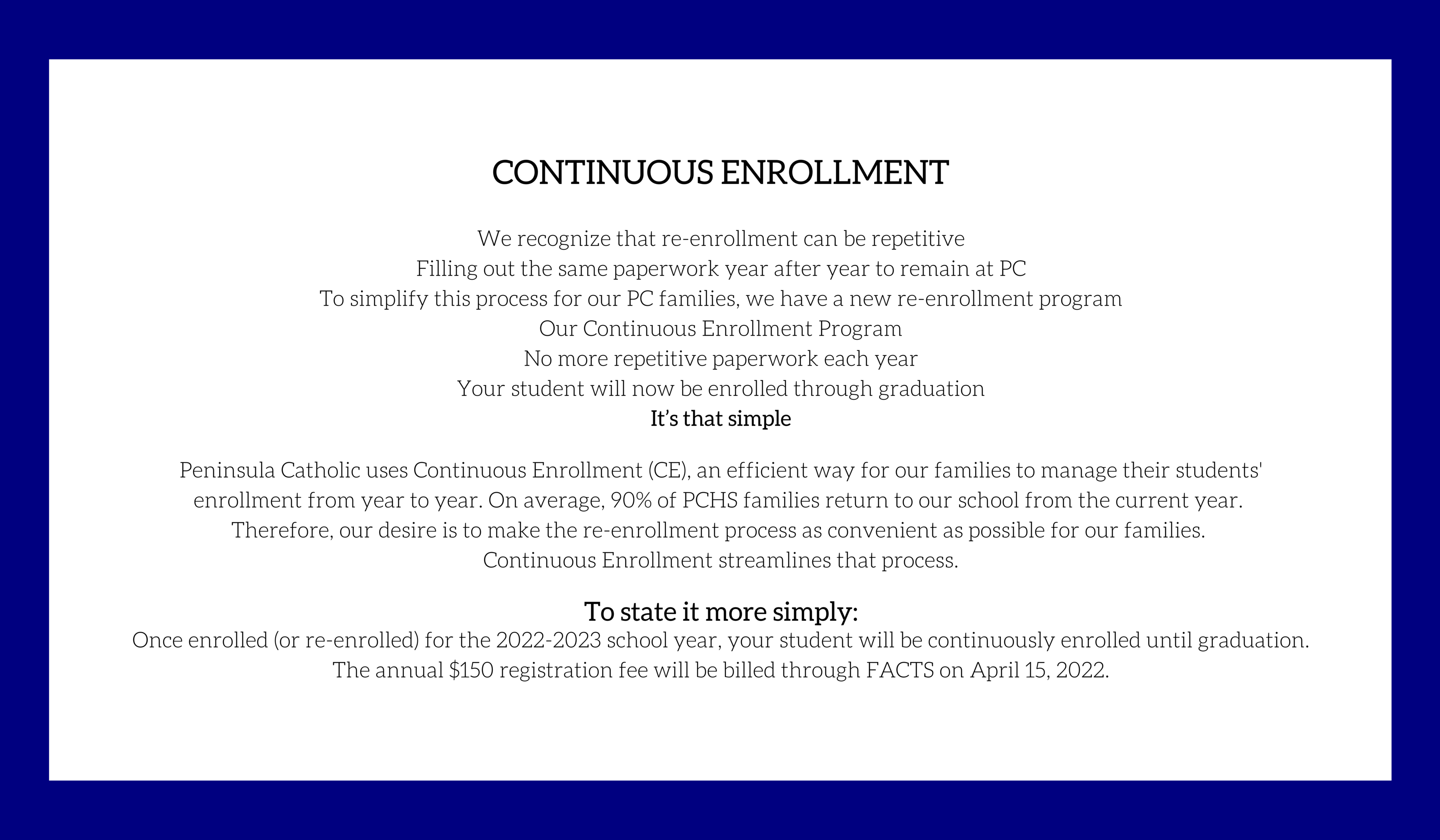 Continuous Enrollment Peninsula Catholic High School